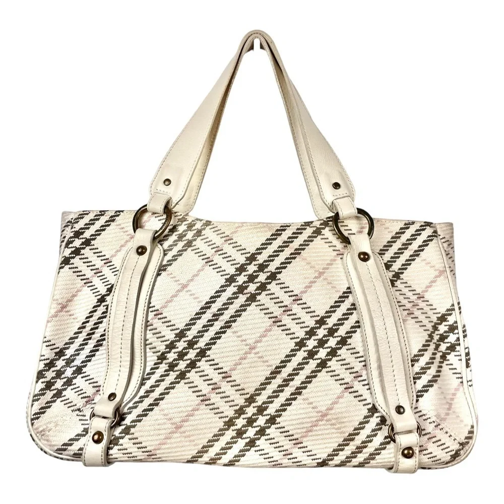 Y2K Burberry Blue Label Cream Cotton and Leather Plaid Satchel Shoulder Bag - Picture 3 of 15